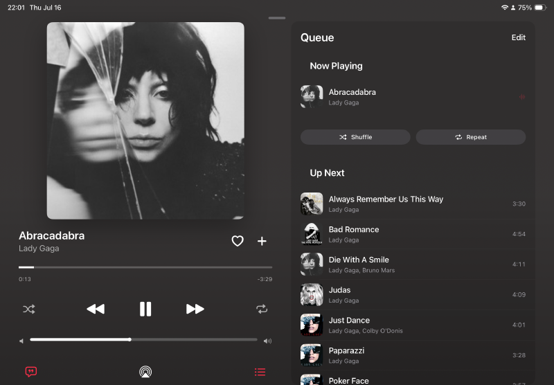 The TanukiBeats iPad playback queue beside the current album artwork